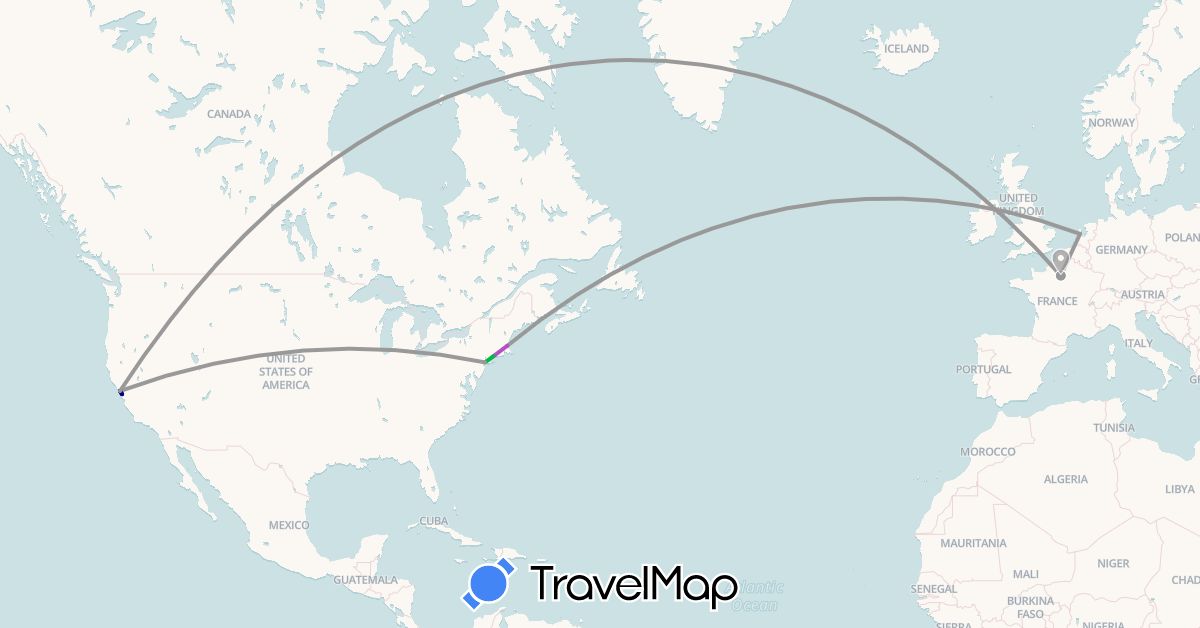 TravelMap itinerary: driving, bus, plane, train in France, Netherlands, United States (Europe, North America)